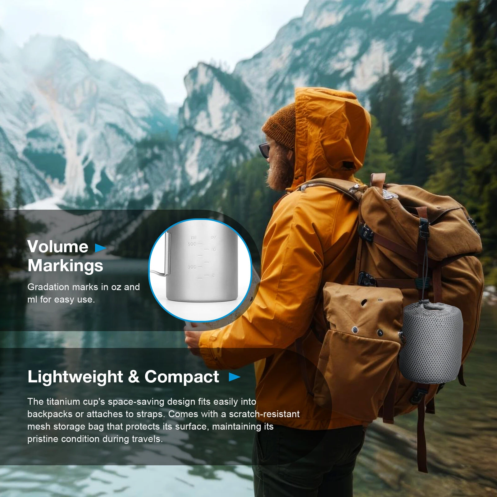 (image for) Astrolux&reg; Ti-M1 Titanium Mug Titanium Pot Lightweight Camping Pot Titanium Cup Titanium Backpacking Pot with Portable Foldable Handles for Outdoor Camping Hiking Backpacking